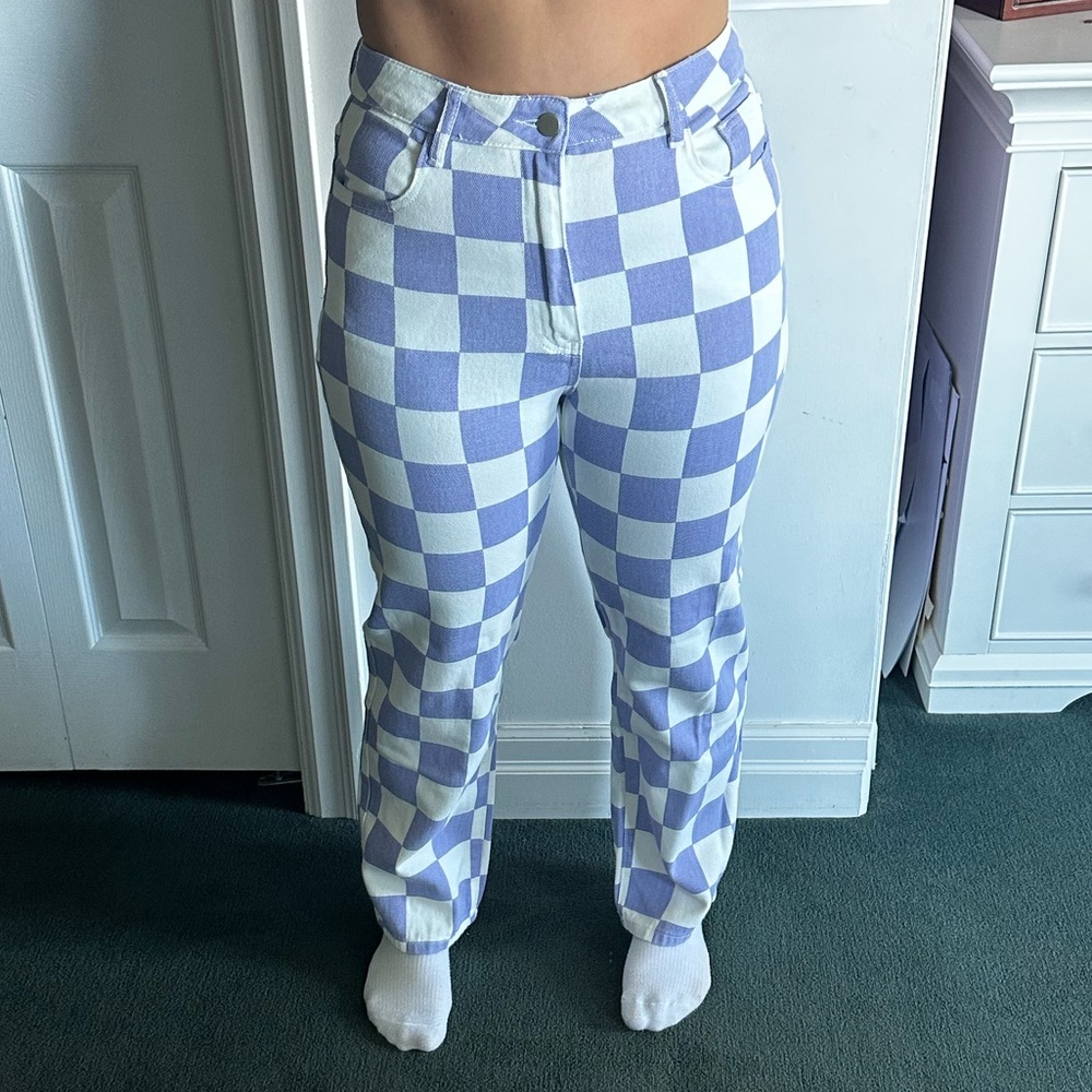 Blue and White Checkered Straight Leg Jeans